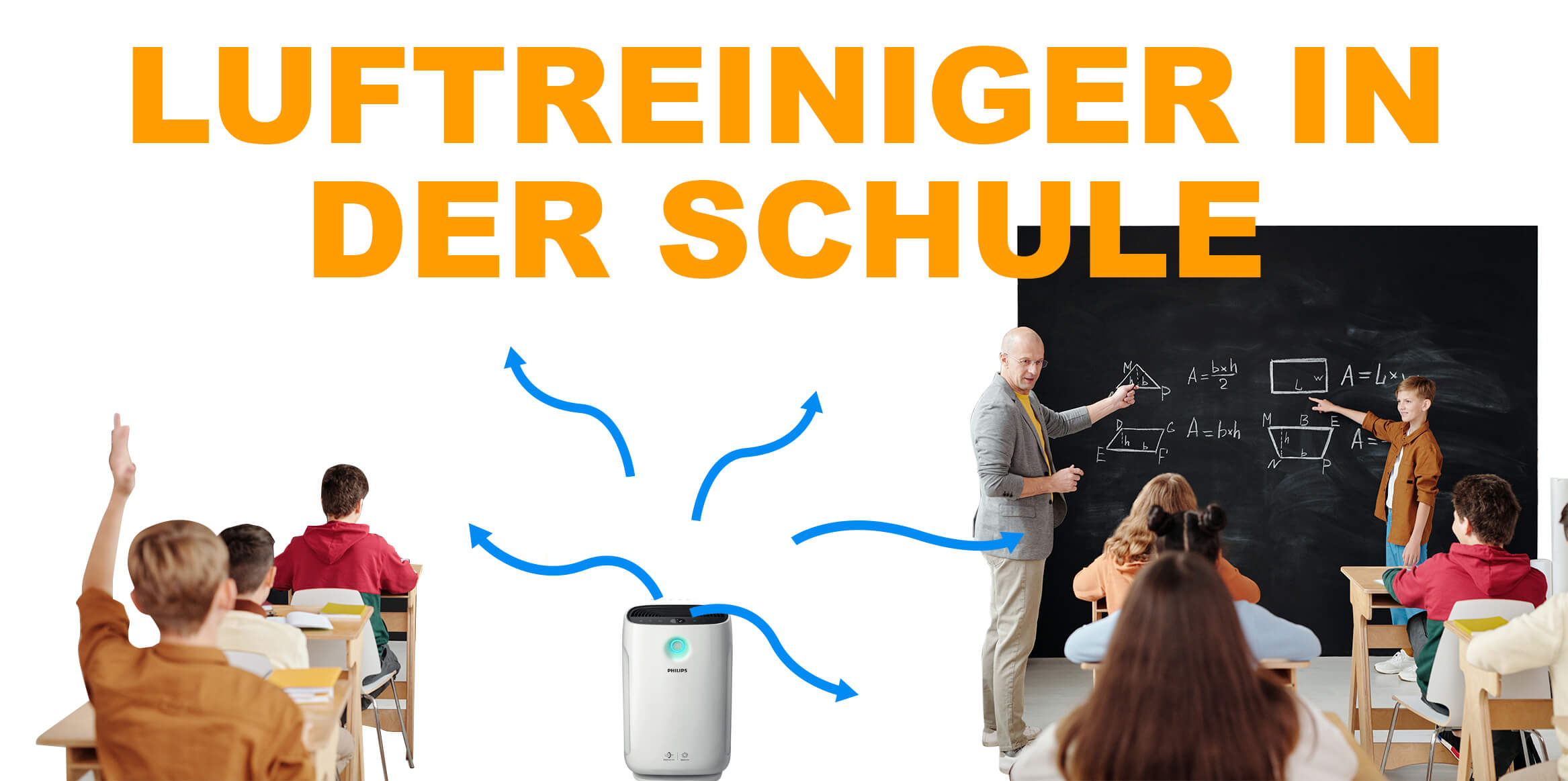 Ein Luftreiniger steht in einem Klassenzimmer in der Schule un dreinigt die Luft